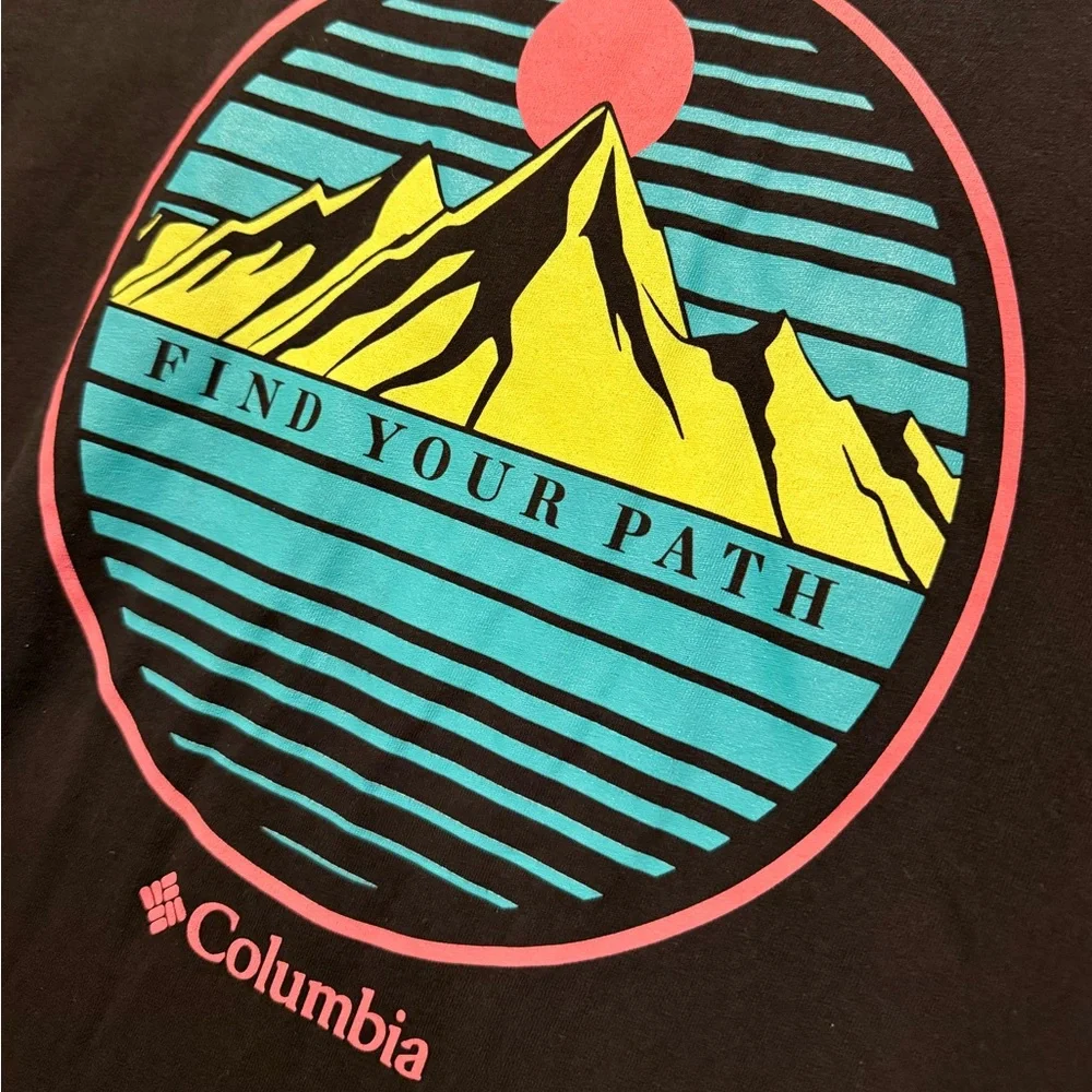 Columbia Graphic Long Sleeve Shirt Mens L black pink Find Your Path Logo Sleeve
